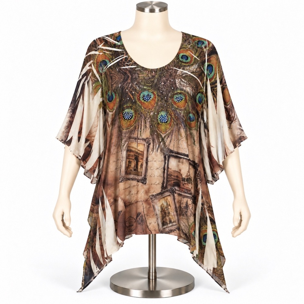 Reina Paris Peacock Rhinestone Handkerchief Hem Tunic Top Size 2